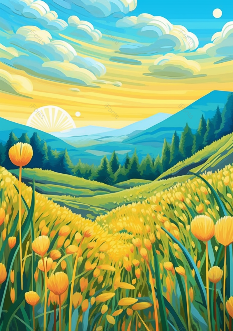 夕阳落日 春天大自然春分花丛黄花草地漫山遍野田园风景,插画/手绘图,插画/手绘图库,插画/手绘图下载,插画/手绘